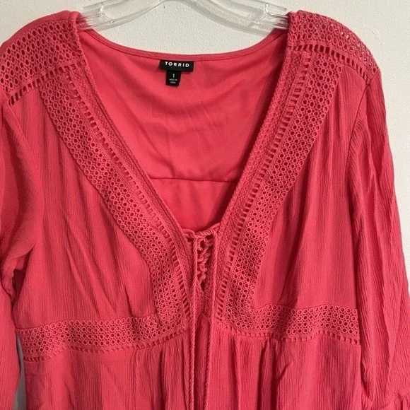 Torrid Mini Gauze Lace-Up Skater Swing Dress Womens 1X Long Bell Sleeve … - Picture 4 of 8